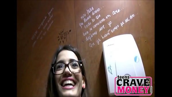 Nerdy girl needed cash so she sucks cock in a public toilet – Free HD Porn Video