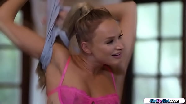 Lesbian bffs do a strip pillow fight.When the girls are all naked they kiss.The big boobs babe is pussy licked while her small tits gf facesits her