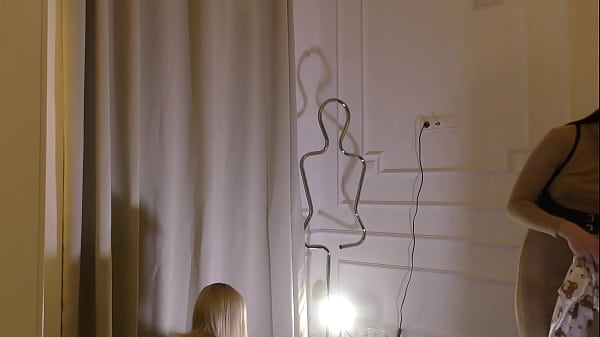 Girls changing room and hot petite skinny blonde goes with a satin nightie to the kitchen to take her panties off