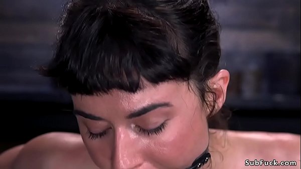 Clamped nipples big tits dark haired slave Olive Glass in metal device bondage gets blindfolded and then tormented and hairy pussy vibrated