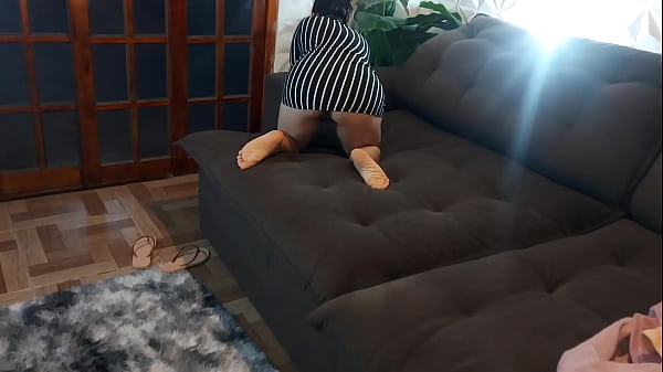 milf gets stuck on the sofa, young man when helping had an erection, and fucks her without a condom