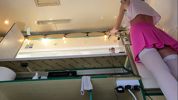 18 yo girl working in white stockings pearl thongs pink mini skirt and braless for extra cash.MP4 – Free HD Porn Video