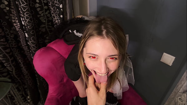 Maid wqith red eyes deepthroats a big boner