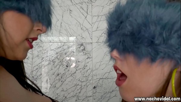 Two beautiful girls with masks on their eyes are taken to the bathroom and start with lesbian kisses. When they feel Nacho's huge cock, they combine blowjobs with penetrations in all forms. – Free HD Porn Video
