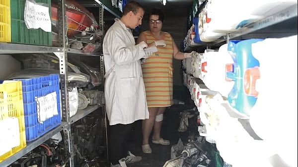 He fucks the fat woman in the workshop's spare parts store. She is a very naughty fat woman who wants tools to be inserted up her pussy