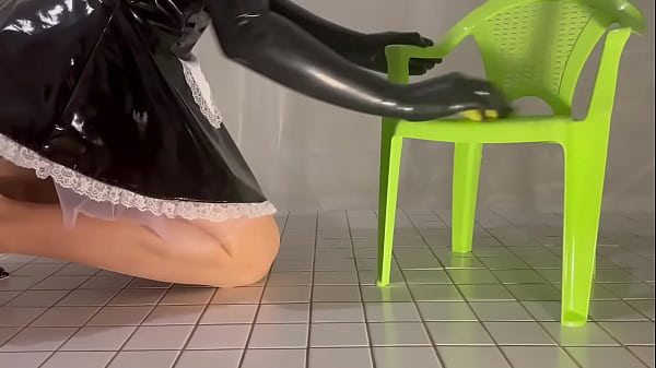 Cleaning a in a PVC maid outfit, dangling shoes – Free HD Porn Video